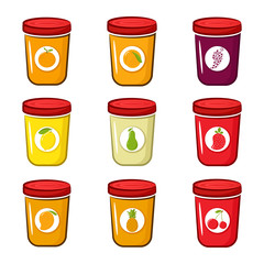 Set of jam with pear, lemon, peach, orange, pineapple, grapes, strawberry cherry and mango Cartoon style