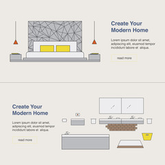 Modern home design template with illustration. Interior Design web banner. Home pages design concept.