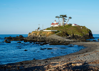 Fototapeta na wymiar Battery Point Lighthouse in Crescent City, California, USA, during a low tide, in the early morning