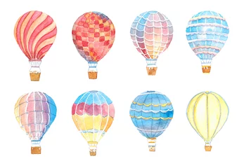 Papier Peint photo Ballons à air aquarelle Ensemble d& 39 illustrations dessinées à la main à l& 39 aquarelle de ballons multicolores isolés sur blanc