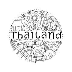 Symbols of Thailand. Hand drawn design concept with the main attractions of Thailand.