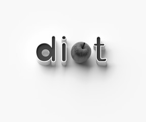 3D RENDERING OF WORDS 'di', AN APPLE AND 't' ON PLAIN BACKGROUND