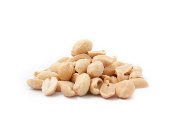 Fried salted peanuts on white background. snack