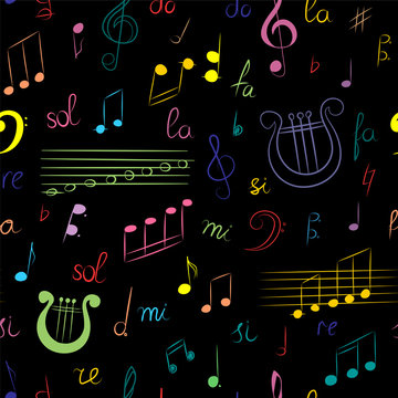 Seamless Pattern of Hand Drawn Set of  Music Symbols. Colorful Doodle Treble Clef, Bass Clef, Notes and Lyre on Black. Sketch Style. Vector Illustration.