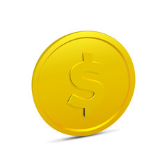 Coin isolated on white background. Realistic 3D gold coin icon. Vector illustration of money, currency in dollars.