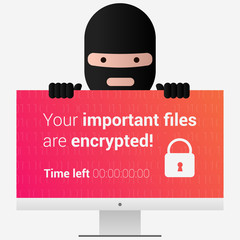 Head of the ransomware. Virus encryptor message on pc screen. 