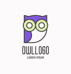 Logo with cartoon wise owl, design element for school, business, pet shop. Vector illustration.