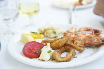 Assorted seafood on the plate