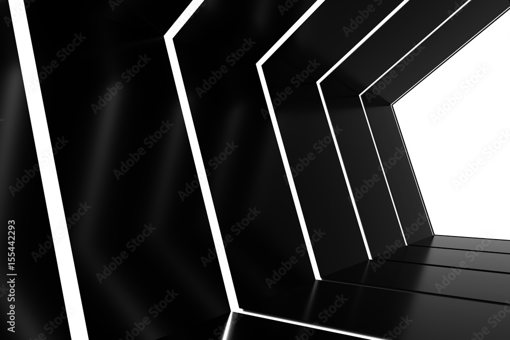 Poster abstract black glossy interior with glow lines and white exit in end corridor. 3d rendering.