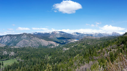 Panoramic view of the Sierra Nevada from highway 80 Westbound past Donner Summit, California, USA, in the winter of 2017

