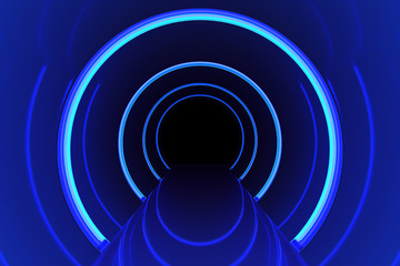 Fototapeta premium Abstract glossy interior with glow blue lines and dark in end corridor. 3d rendering.
