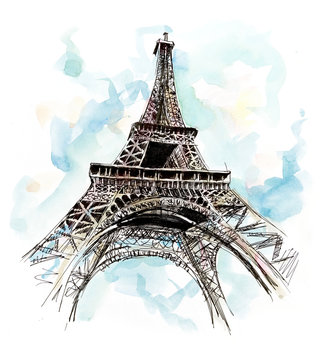 Eiffel tower. Hand drawing illustration. Gel pen and watercolor