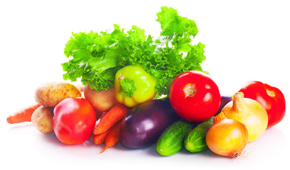 vegetarian vitamin set of vegetables, tomatoes, cucumbers, greens, onions, potatoes, lettuce isolated on white background