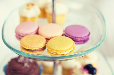 close up of cake stand with macaroon cookies