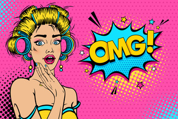 Wow face. Sexy young blonde woman housewife with open mouth and hair сurlers, bright makeup and OMG! speech bubble. Vector colorful background in pop art retro comic style. Party invitation poster. - obrazy, fototapety, plakaty