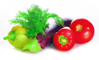 vegetarian vitamin set of vegetables, tomatoes, eggplant, greens, parsley, potatoes, lettuce isolated on white background