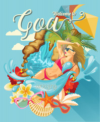 India. Goa. Vector illustration. Indian colorful template. Tropical resort. Vacations in India. Asia set