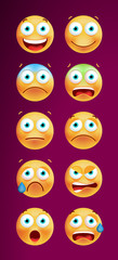 Set of Cute Emoticons on Black Background. Isolated Vector Illustration 