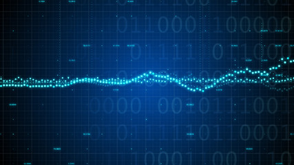 Virtual abstract fantasy cyber reality room. Walls made of screen monitors with digital digits and chars data stream live. Online reality concept. Blue color.