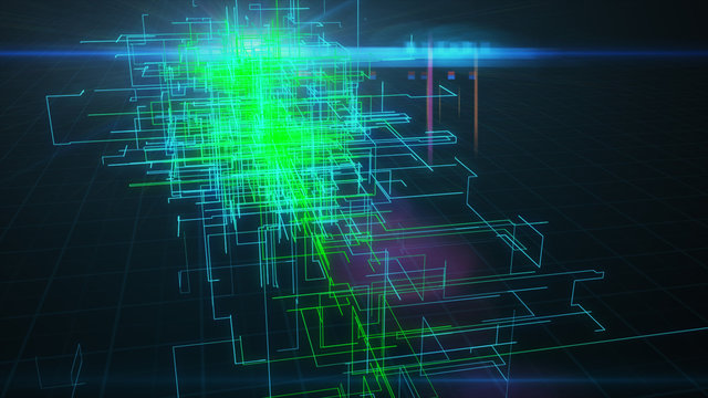 The surface of technology with lines of chaos and grid is an abstract computer image with chromatic aberrations. Digital art: a dark technical, sci-fi or sci-fi background. 3d illustration