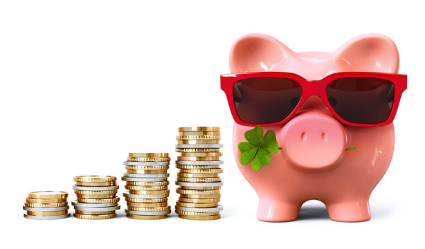 Piggy bank with sunglasses, clover and coin stacks in ascending order