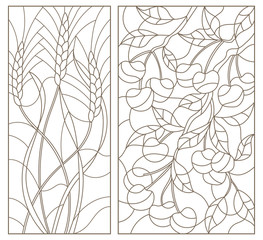 Set contour illustrations of stained glass from spikelets of cereals and a branch of cherry