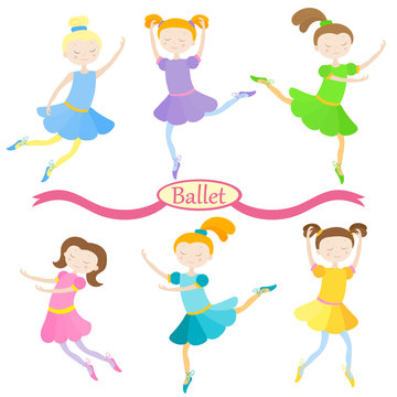 Set of cute cartoon girls of ballet dancers in different poses