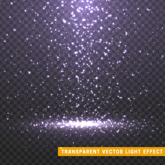 Glowing glitter light effects isolated realistic. Christmas decoration design element. Sunlight lens flare. Shining elements and stars. Lilac texture. Transparent vector particles background.