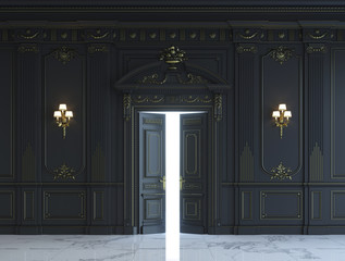 Black wall panels in classical style with gilding. 3d rendering