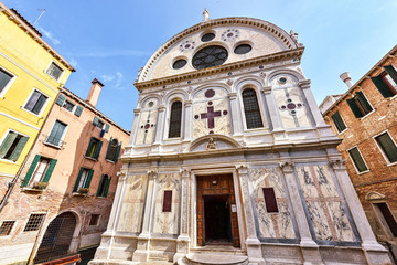 Church architectural facade in Venice historic center. Italy