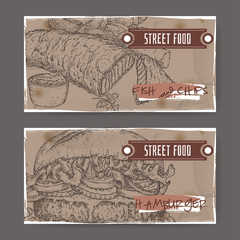 Set of two landscape banners with fish, chips and hamburger