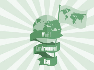 World Environment Day 5th june. Planet earth with ribbon and flag with world map. Festive label, banner. Vector illustration