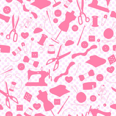 Seamless pattern on the theme of needlework and sewing , pink silhouettes of icons on a light background polka dot