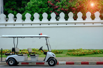 Police golf buggy on street.