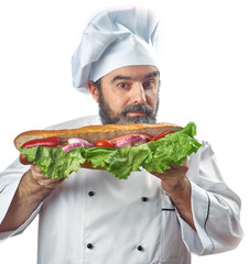  chief cook holding big sandwich