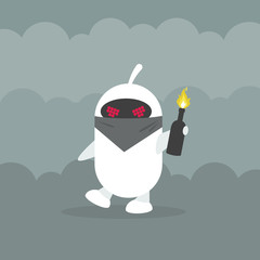 Angry robot wearing a face mask holding a bottle with Molotov cocktail. Machine rebellion concept. Flat editable vector illustration, clip art