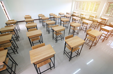 School classroom with desks chair wood, and blackboard in high school thailand, vintage tone education concept