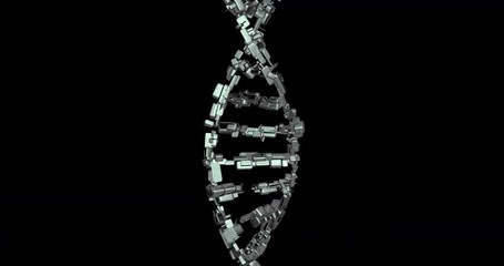 Rotating DNA double helix strand composed of shiny metal cubes, boxes. 3d animation. Black and white alpha matte included - Powered by Adobe
