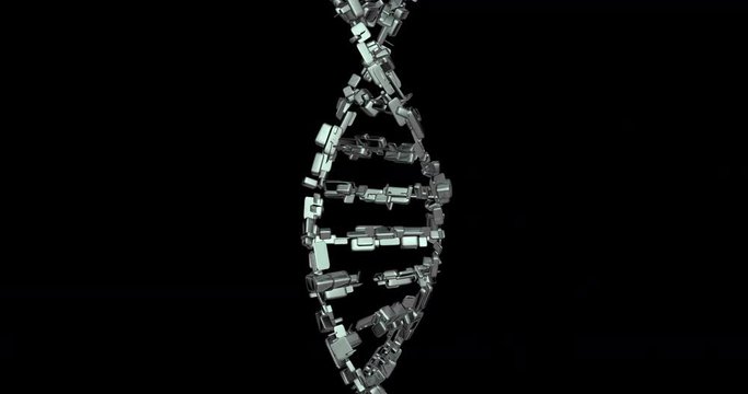 Rotating DNA double helix strand composed of shiny metal cubes, boxes. 3d animation. Black and white alpha matte included