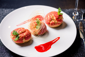 close up view of tasty dessert on table in restaurant