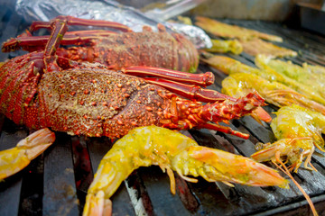 Delicious grill prawn and shrimps cooking seafood
