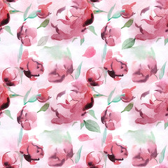Seamless pattern of watercolor romantic pink flower with light green leaves for card or textile