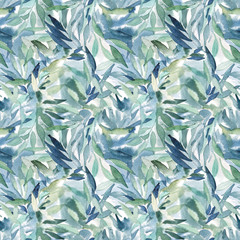 Seamless pattern of watercolor romantic blue flower with light green leaves for card or textile