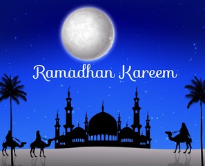 Ramadan kareem with walking camel caravan and silhouette mosque