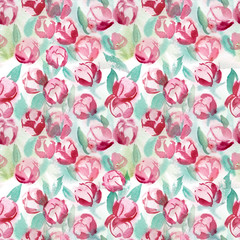Seamless pattern of watercolor romantic pink flower with light green leaves for card or textile