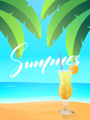 Summer.Beach view of exotic beach with palm leaves and cold cocktail. Tropical island with palms, ocean and beach.