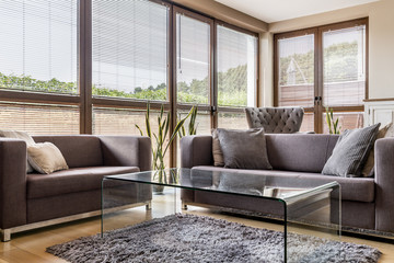 Grey interior with big windows and sofas