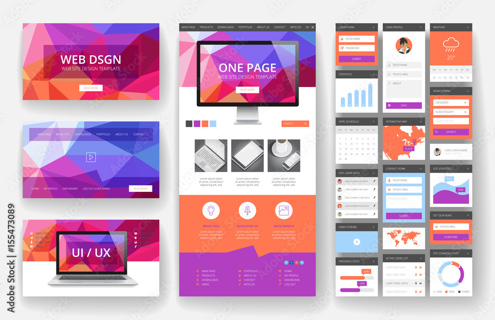 Wall mural website design template and interface elements