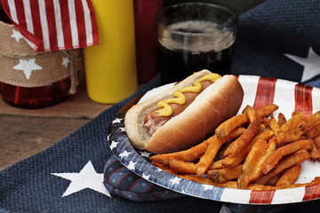 Hot dogs with Mustard at a 4th of July BBQ picnic. Extreme shallow depth of field with selective focus on weiners.