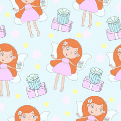 cartoon positive seamless pattern with cute girls